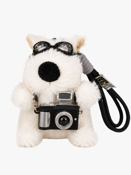 White Dog Plush Keychain with Camera and Aviator Goggles