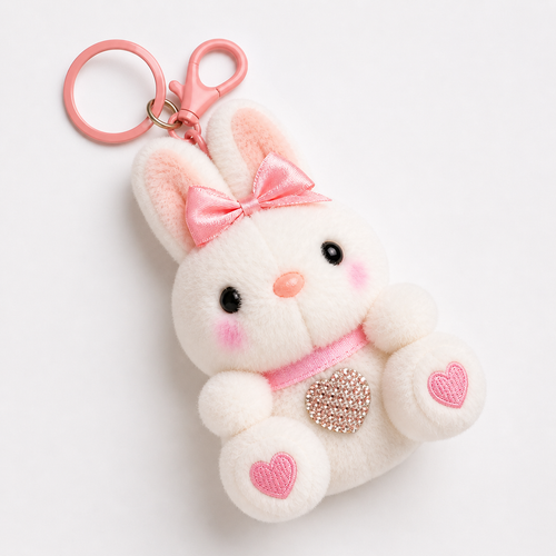 Blush Bunny Plush Keychain (15 cm) – Cute Kawaii Character with Bow, Heart Detail & Clip for Bags