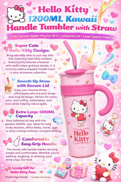 Hello Kitty 1200ML Cute Handle Tumbler with Straw – Large Capacity Cartoon Sipper Cup