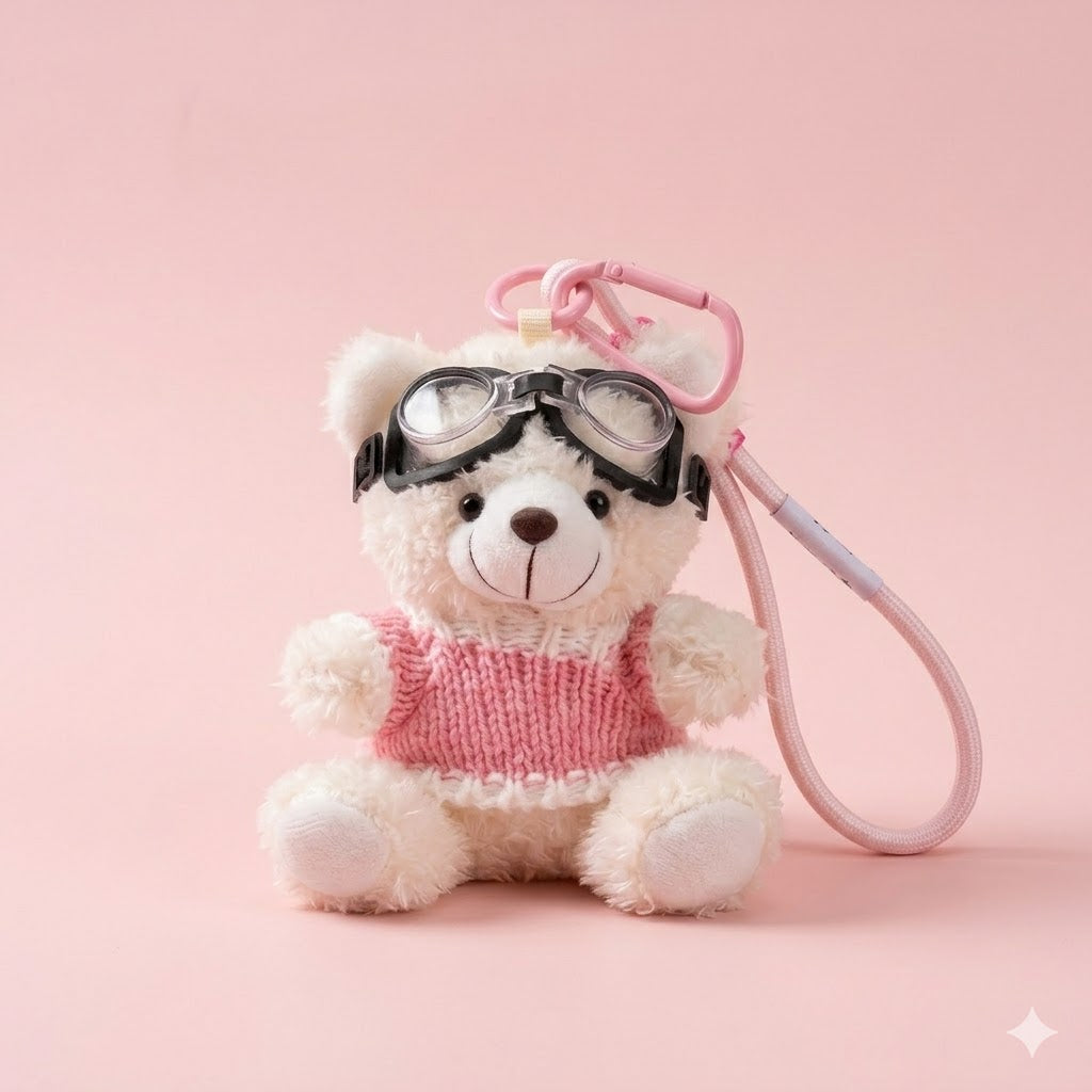 Cute Pilot Teddy Bear Keychain in Pink