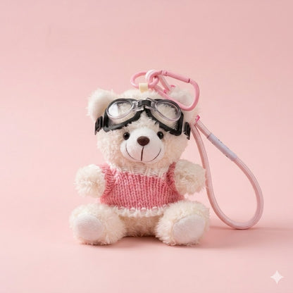 Cute Pilot Teddy Bear Keychain in Pink