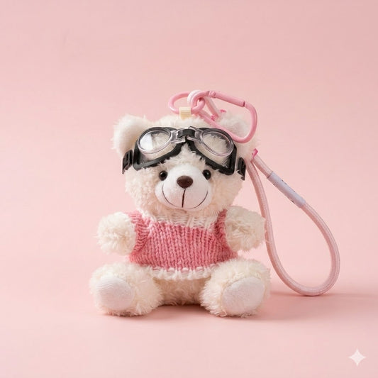 Cute Pilot Teddy Bear Keychain in Pink