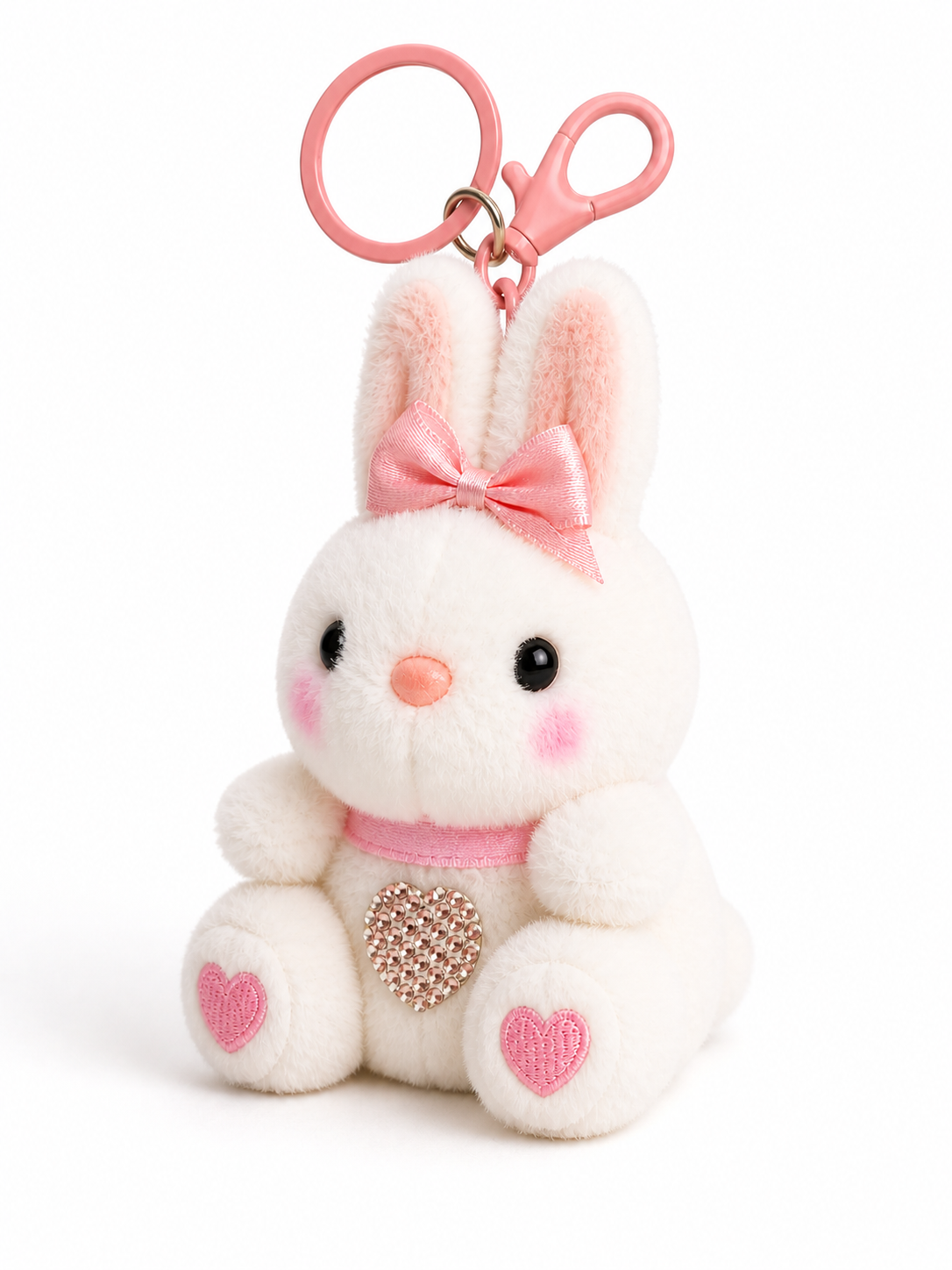 Blush Bunny Plush Keychain (15 cm) – Cute Kawaii Character with Bow, Heart Detail & Clip for Bags