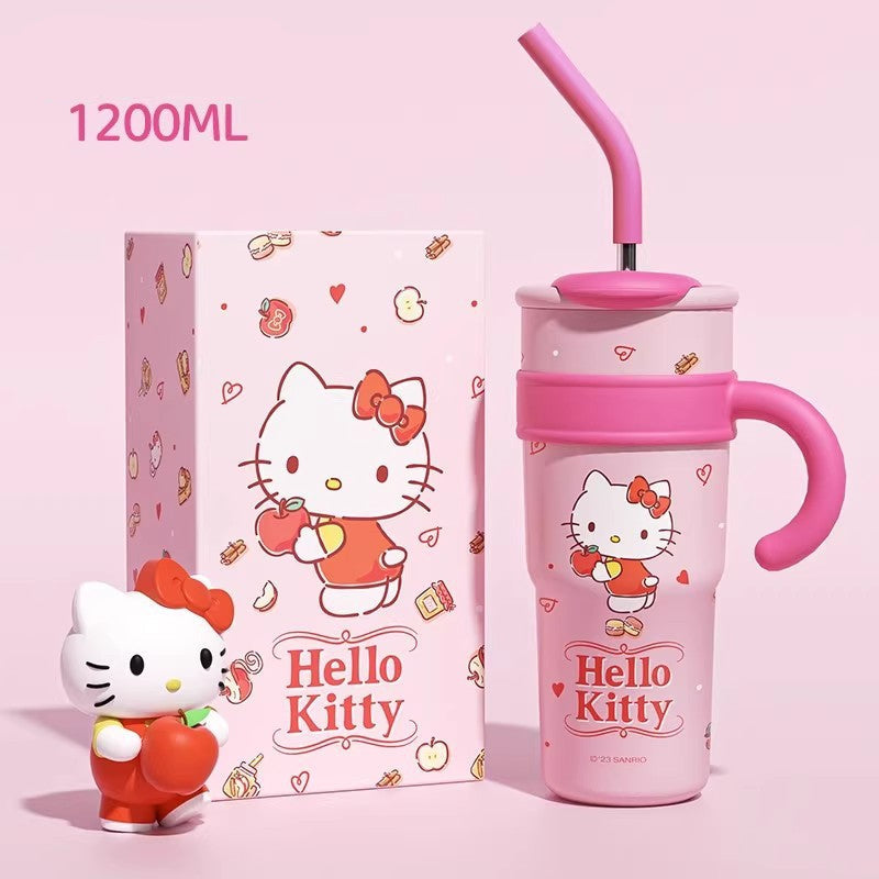 Hello Kitty 1200ML Cute Handle Tumbler with Straw – Large Capacity Cartoon Sipper Cup