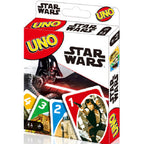 Star Wars UNO card game packaging with Darth Vader and Han Solo images on a white background.