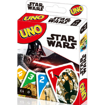 Star Wars UNO card game packaging with Darth Vader and Han Solo images on a white background.