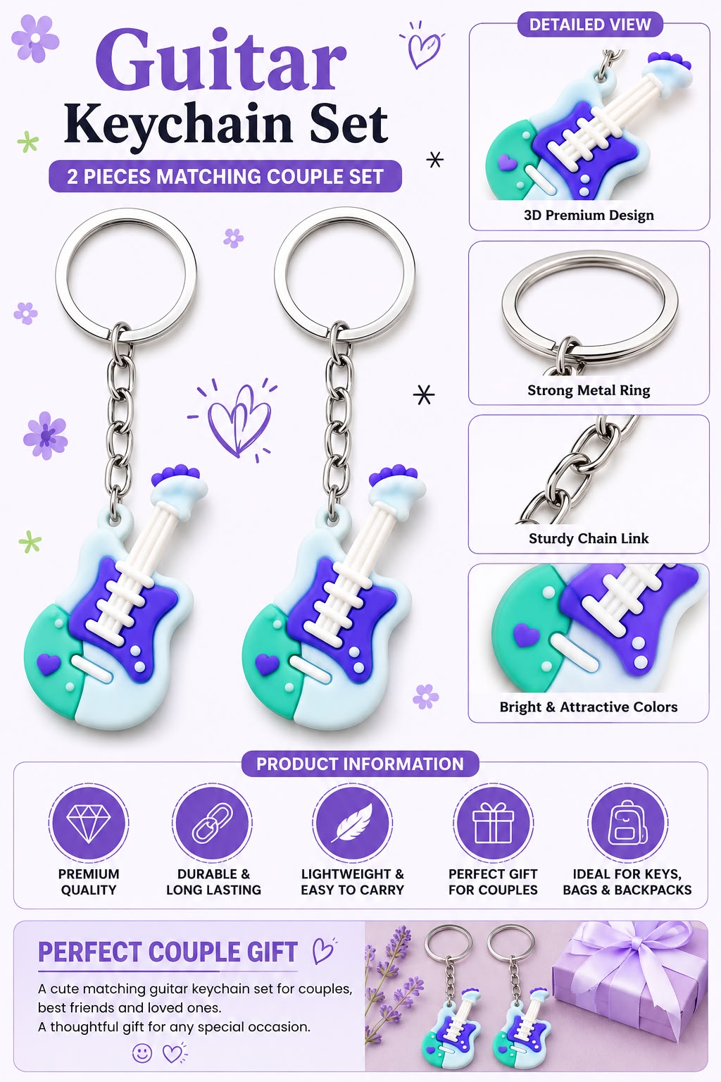 Colorful Guitar Shape Keychain 2pcs