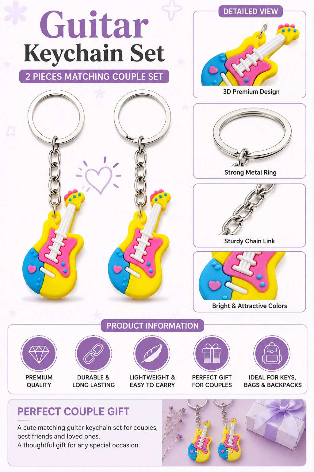 Colorful Guitar Shape Keychain 2pcs