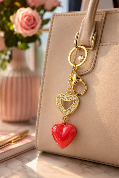 Red Heart Charm Keychain with Golden Clip