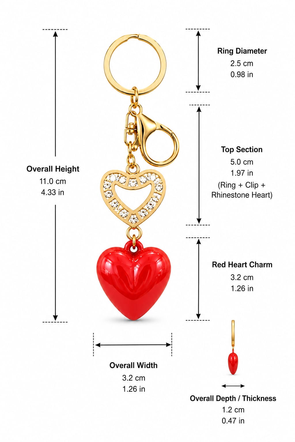 Red Heart Charm Keychain with Golden Clip