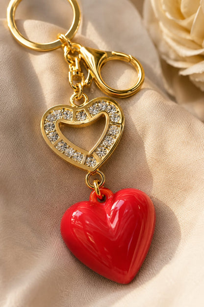 Red Heart Charm Keychain with Golden Clip