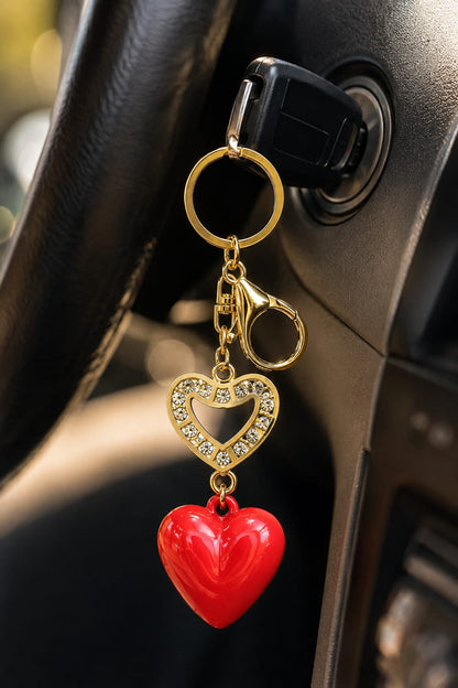 Red Heart Charm Keychain with Golden Clip