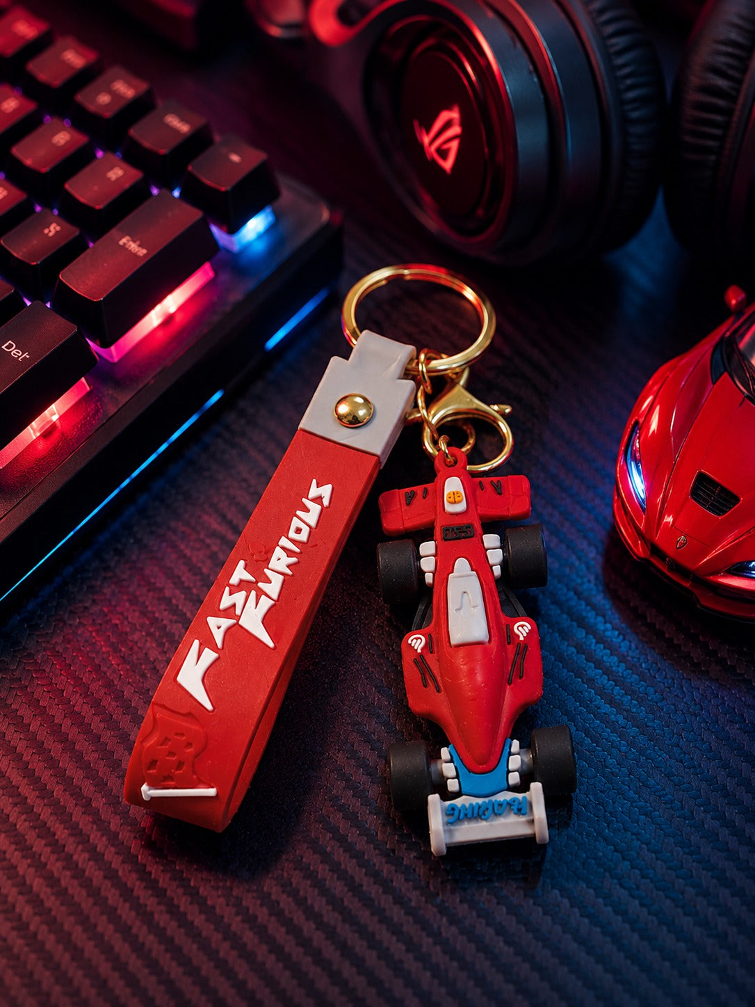 Red Formula Racing Car Keychain with Strap