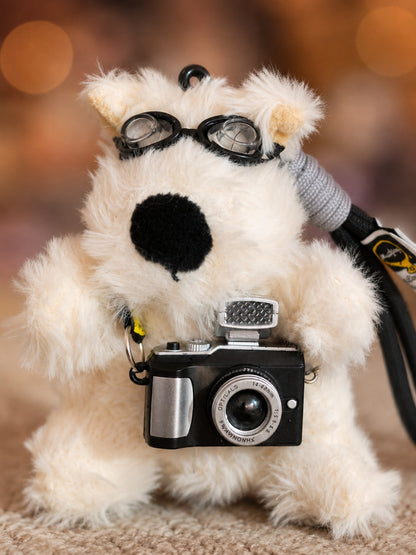 White Dog Plush Keychain with Camera and Aviator Goggles