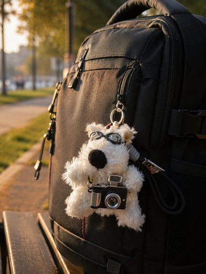 White Dog Plush Keychain with Camera and Aviator Goggles