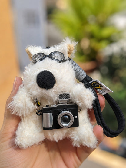 White Dog Plush Keychain with Camera and Aviator Goggles