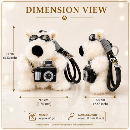 White Dog Plush Keychain with Camera and Aviator Goggles