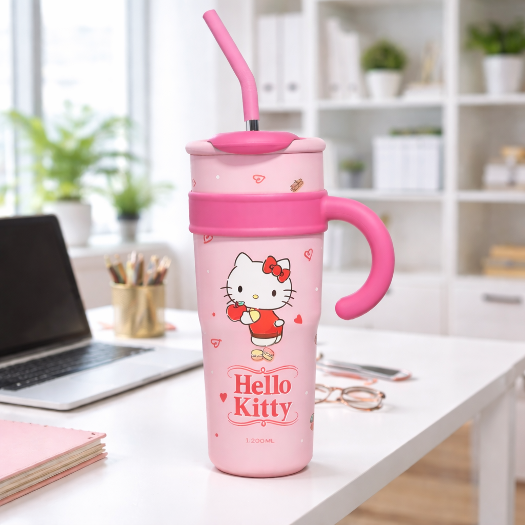 Hello Kitty 1200ML Cute Handle Tumbler with Straw – Large Capacity Cartoon Sipper Cup