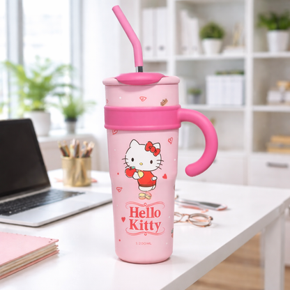 Hello Kitty 1200ML Cute Handle Tumbler with Straw – Large Capacity Cartoon Sipper Cup