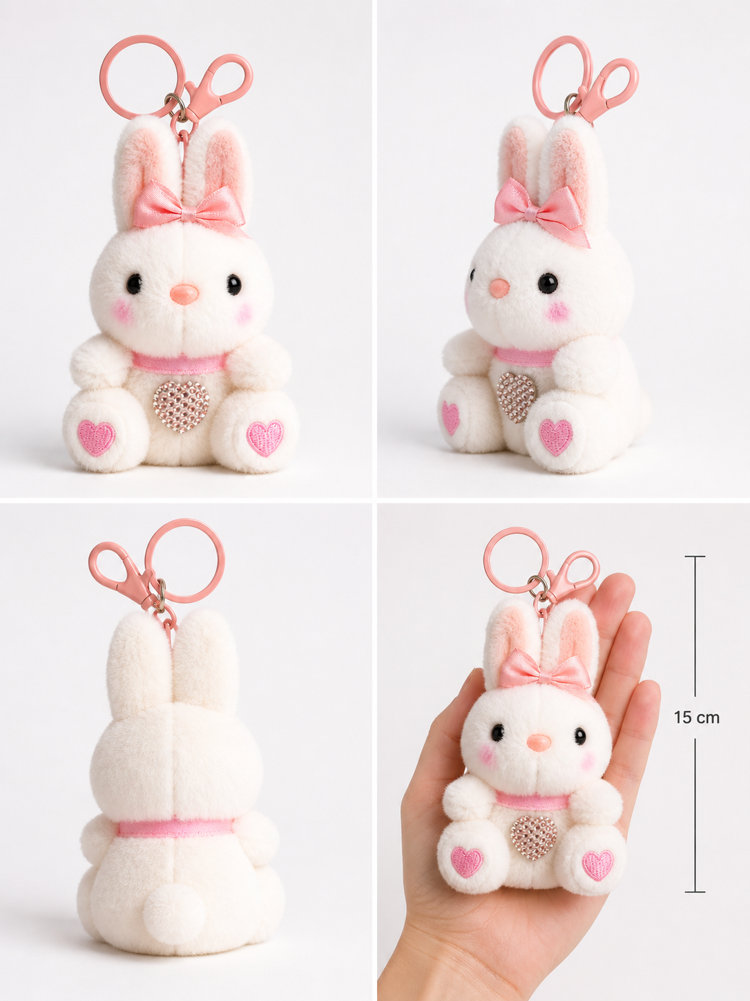 Blush Bunny Plush Keychain (15 cm) – Cute Kawaii Character with Bow, Heart Detail & Clip for Bags