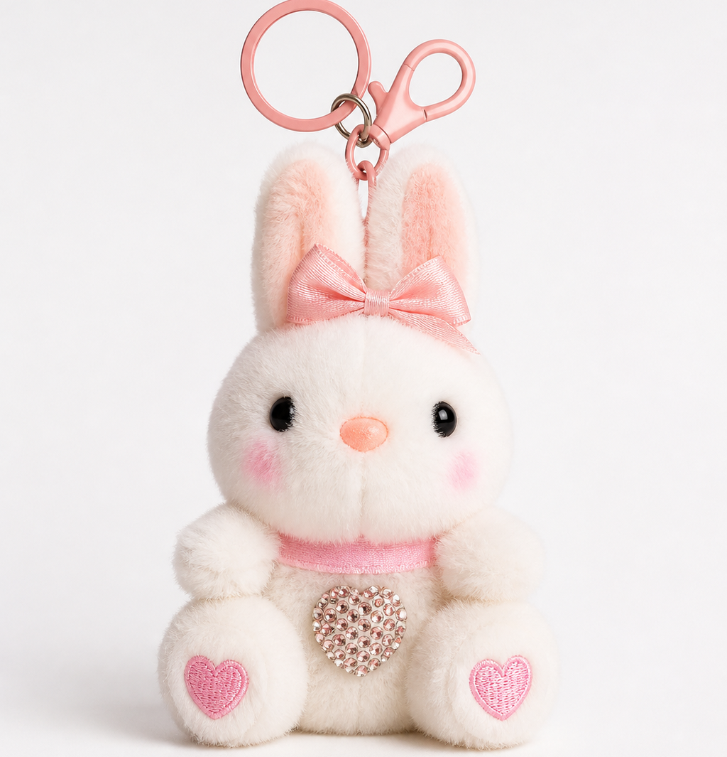 Blush Bunny Plush Keychain (15 cm) – Cute Kawaii Character with Bow, Heart Detail & Clip for Bags