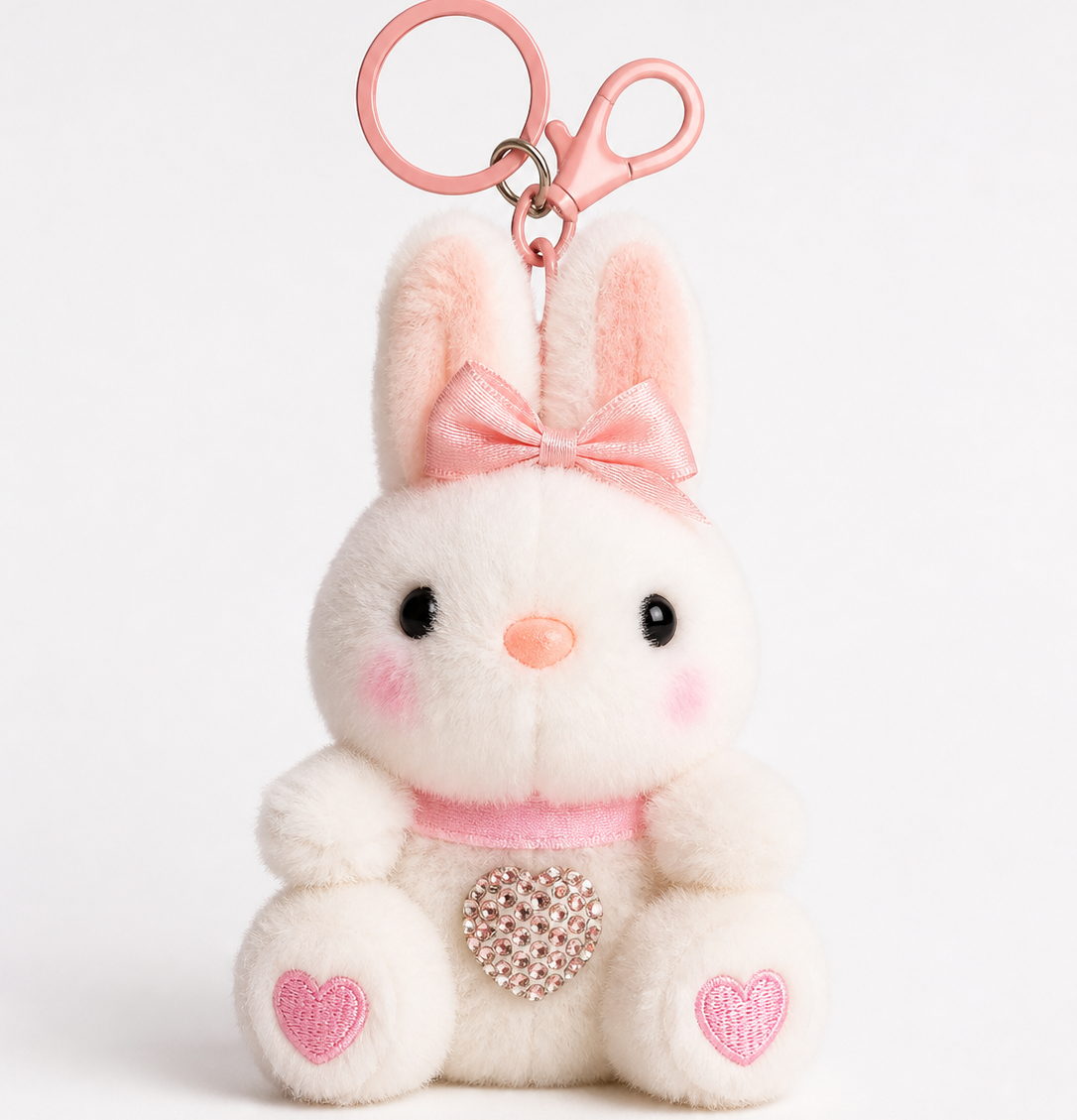 Blush Bunny Plush Keychain (15 cm) – Cute Kawaii Character with Bow, Heart Detail & Clip for Bags
