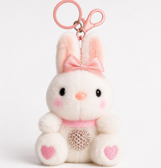 Blush Bunny Plush Keychain (15 cm) – Cute Kawaii Character with Bow, Heart Detail & Clip for Bags